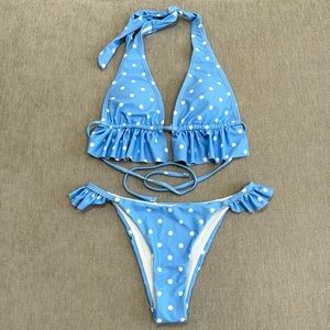 Blue & White Polka Dot Ruffle Bikini